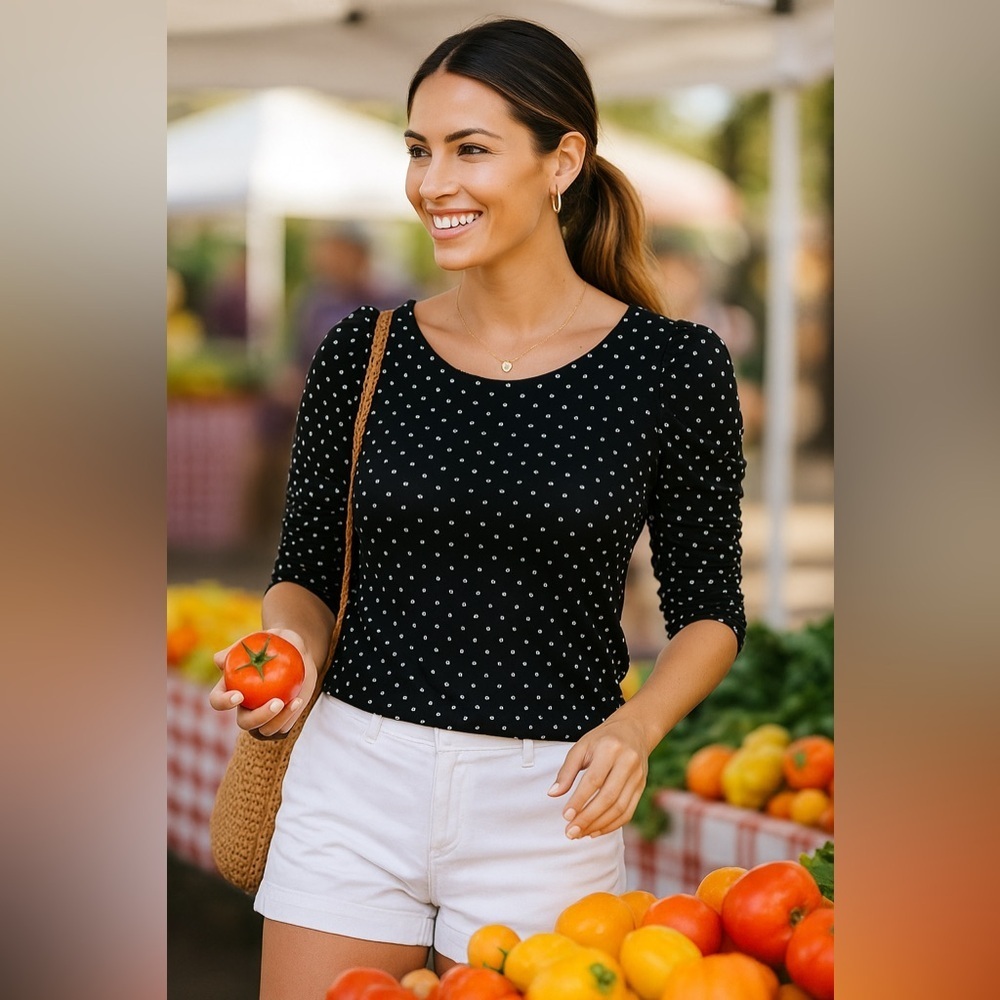 ISAAC Mizrahi polka dot Live Puff Sleeve Elbow Sleeve Black & White Top XS